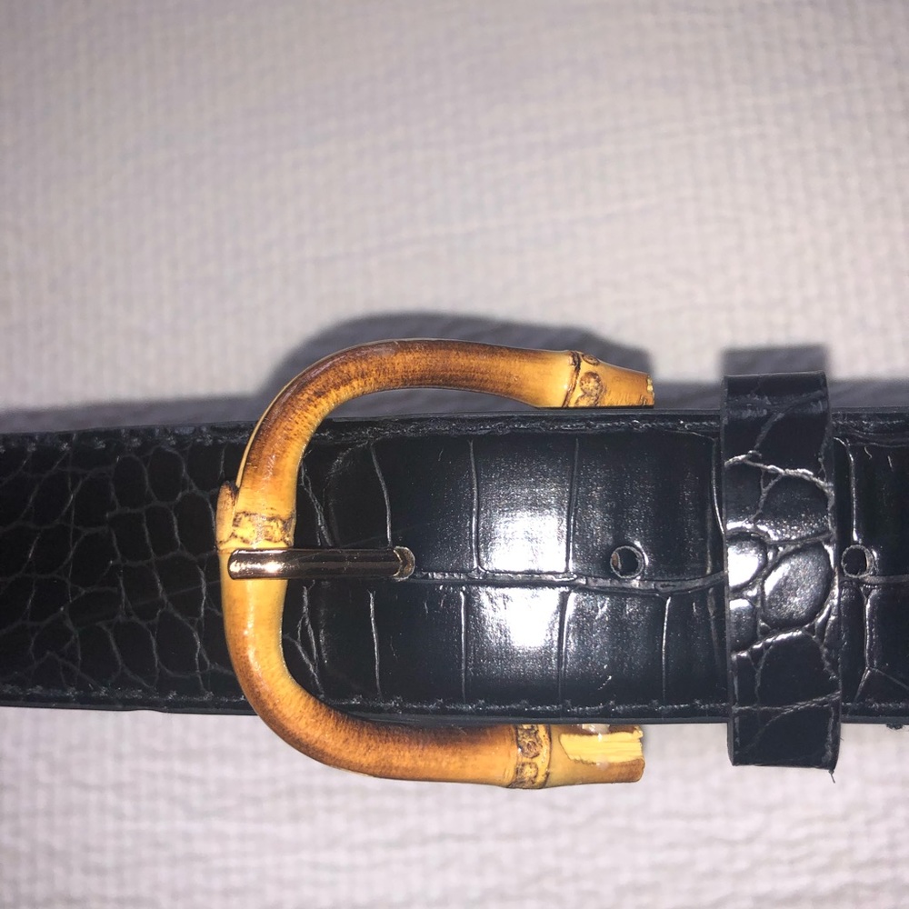 L/XL Black faux snake skin belt with bamboo buckle